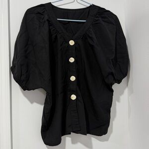 Black Puff-Sleeve Button-Front Women’s Top